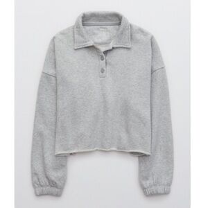 Aerie Heather Gray Cropped Polo Sweatshirt